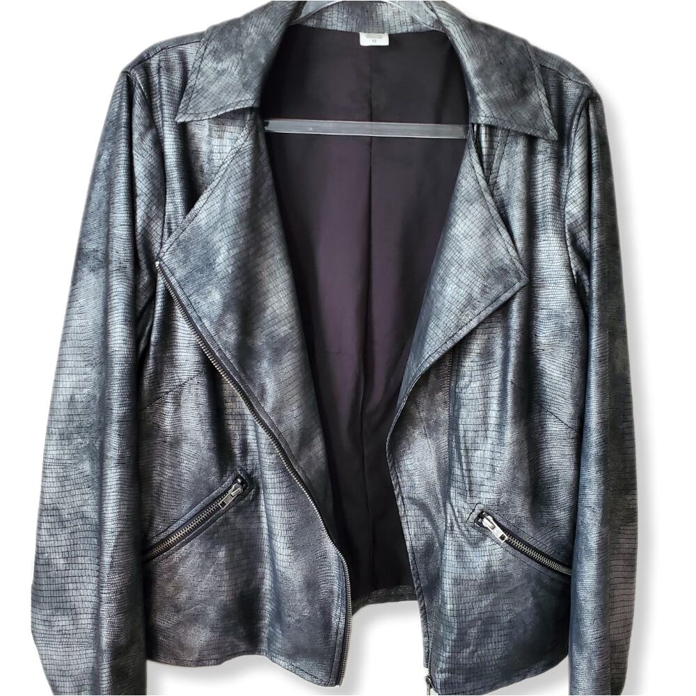 Women Metallic Gray Vegan Moto Jacket L 12 Whimsy Grunge Rocker Modern Indie - Picture 3 of 15